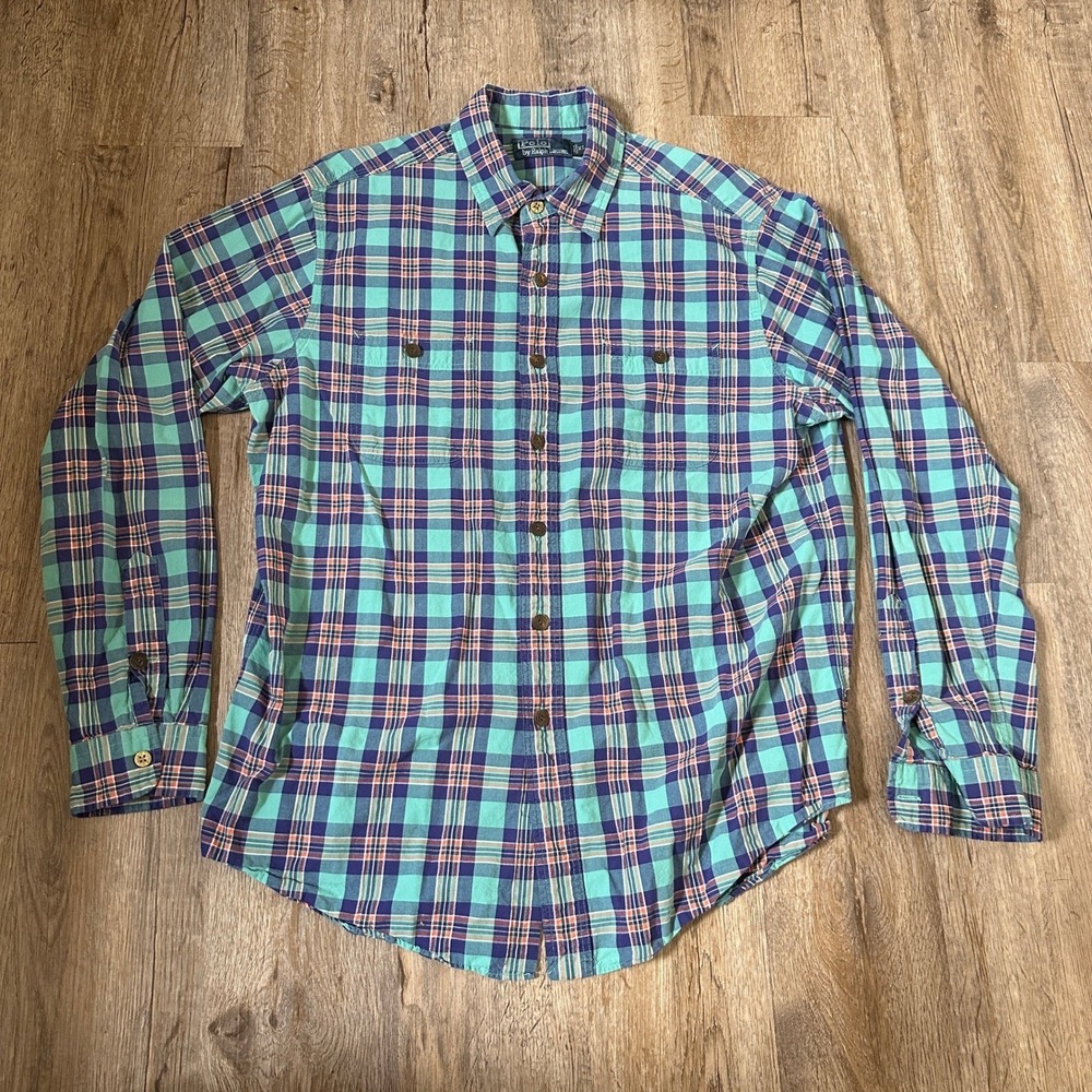 Polo Ralph Lauren Mens XL Plaid Button Down Shirt Teal Purple Long Sleeve Cotton